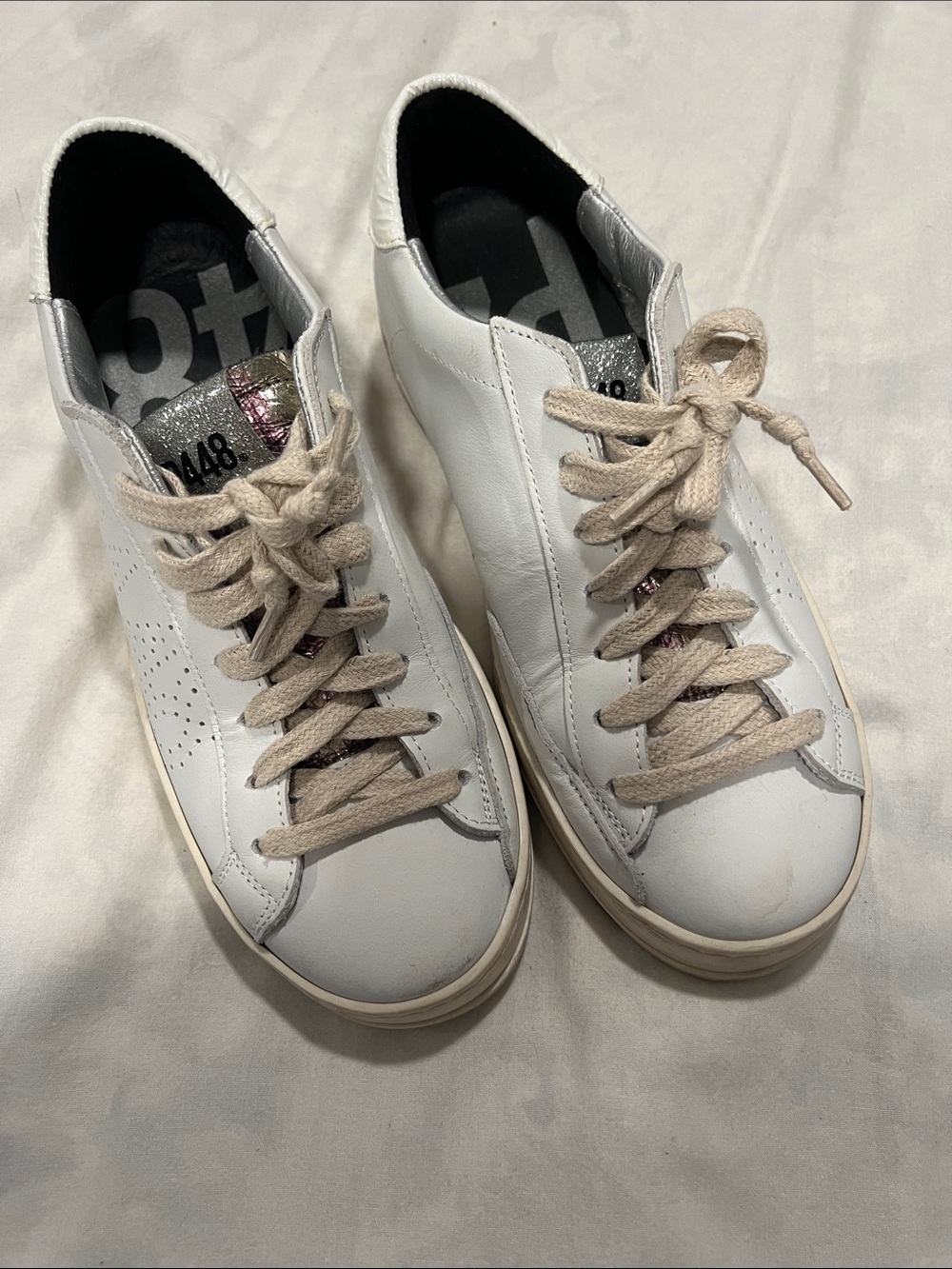 P448 White Leather Women’s Low-Top Sneakers with Beige Laces